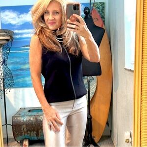 NWT, Sigrid Olsen,Sleeveless High-Neck Softly Ribbed Top,Front Leather Stripe,XL